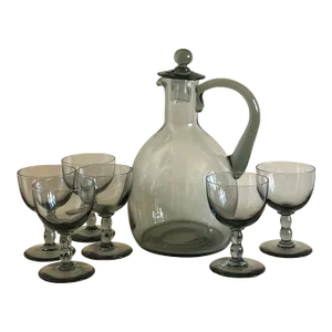 1930s Daum Nancy France Set of Six Wine / Port / Sauternes Stemware With Lidded Handled Carafe