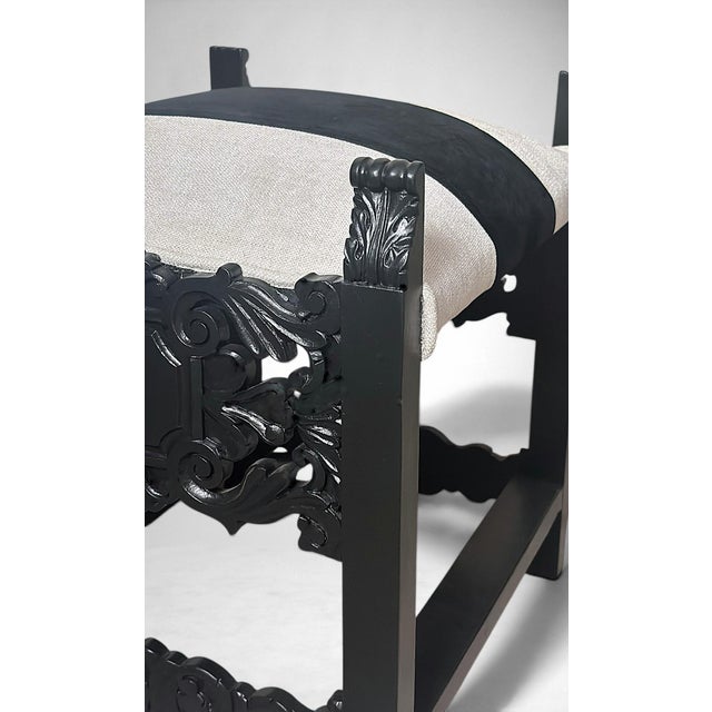 Late 19th Century Italian Neo-Renaissance Style Bench Carved Wood and Linen Blend and Velvet For Sale - Image 9 of 18