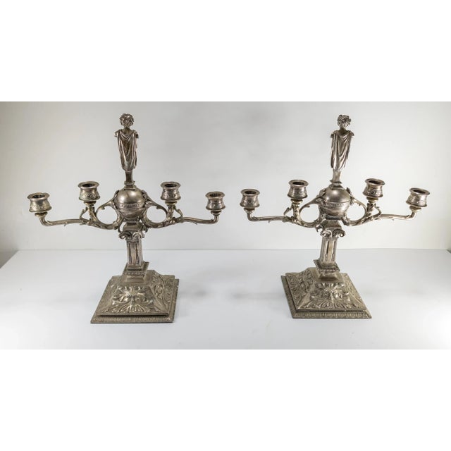 Early 20th Century Pair of Silvered White Bronze Neo-Classical Candelabra Candlesticks For Sale - Image 10 of 12