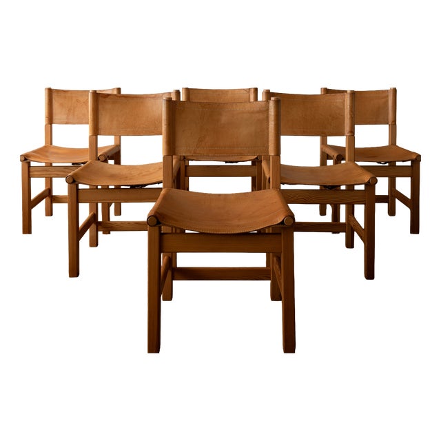 Vintage Kotka Safari Dining Chairs in Pine and Saddle Leather attributed to Tomas Jelinek for Ikea, 1980s, Set of 6 For Sale