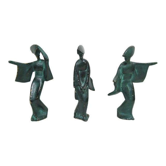 Set of 3 Mid-Century Japanese Verdigris Awa Odori Geisha Dancer Figurines in Cast Iron For Sale