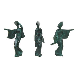 Set of 3 Mid-Century Japanese Verdigris Awa Odori Geisha Dancer Figurines in Cast Iron