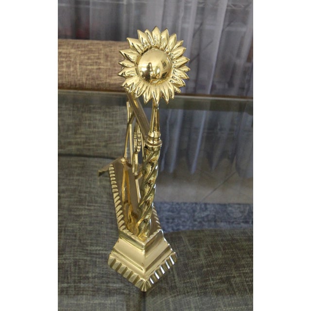 Metal Late 20th Century Aesthetic English Sunflower Brass Fireplace Andiron Set - 5 Pieces For Sale - Image 7 of 13