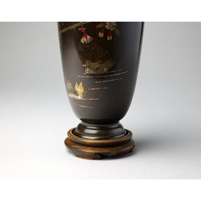 19th Century Japanese Meiji Bronze Vase, Mixed-Metal Inlay, Mandarin Ducks and Prunus, Signed, With Stand For Sale - Image 10 of 12