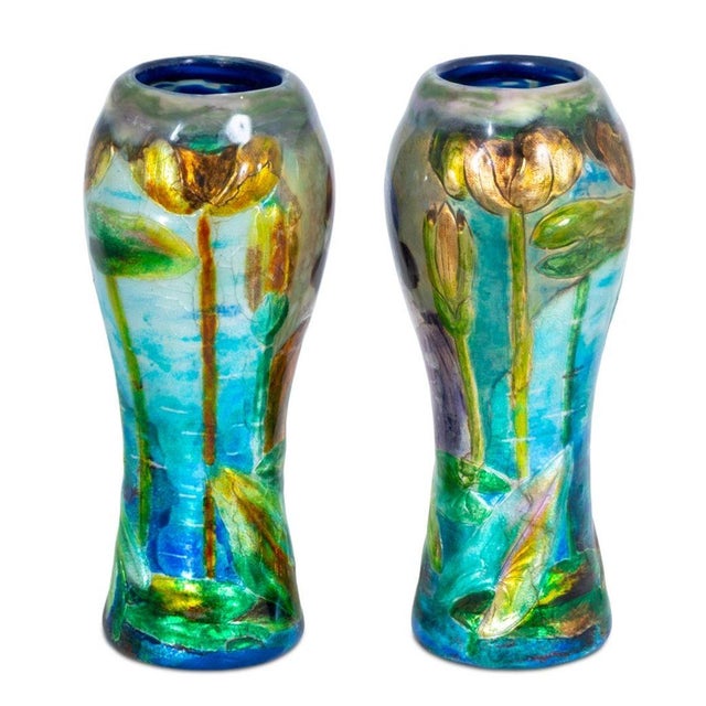 Figurative Camille Faure Attr. Enamel Portrait Vases, Pair For Sale - Image 3 of 4