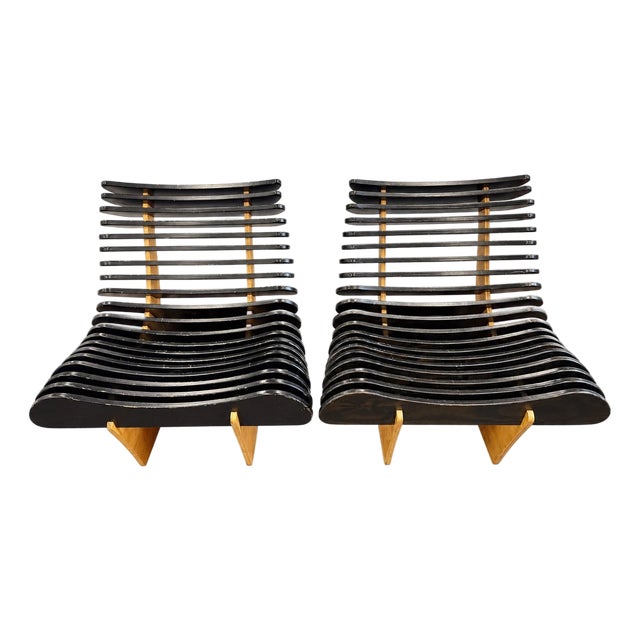 Pair of Vintage Sculptural Ebonized Skeleton Rib Lounge Chairs For Sale