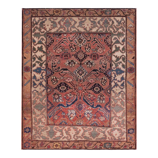 1850s Pink Rose Medallion Antique Persian Serab Rug 4'0" X 5'0" Knotted Wool Carpet For Sale