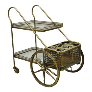 Vintage Brass Italian Hollywood Regency Modern Bronze 2 Tier Bar Cart Trolley For Sale