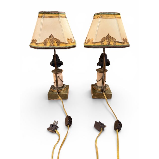 18th Century Pair of 18th Century French Bronze and Marble Statuette Miniature Lamps For Sale - Image 5 of 6