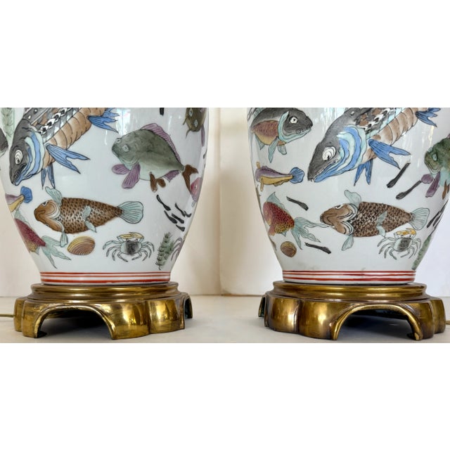 Pair of Ceramic & Brass Ginger Jar Table Lamps With Fish Motif From 80's. For Sale In Miami - Image 6 of 13