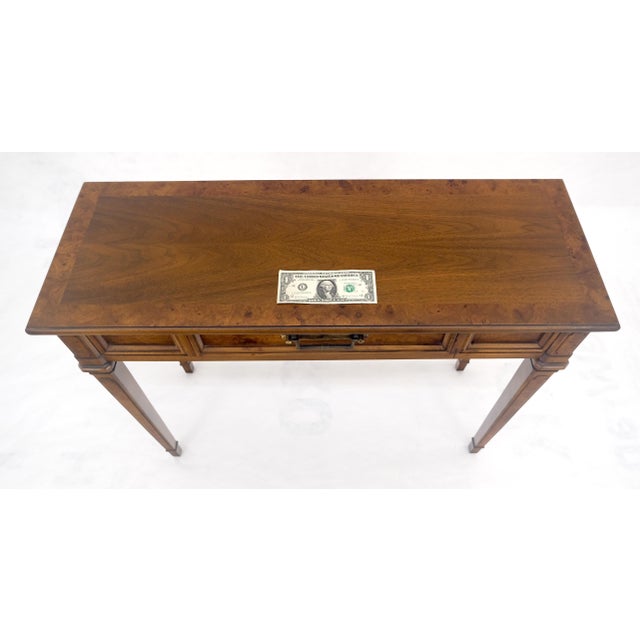 Brown Very Fine Burl Wood Compact One Drawer Tapered Legs 36" Wide Console Table MINT For Sale - Image 8 of 17