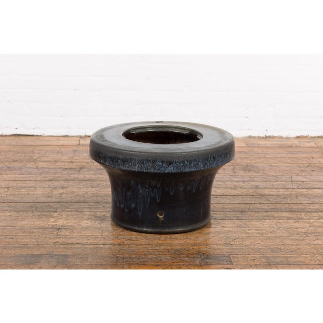 Japanese Antique Blue and Black Glazed Ceramic Hibachi for Drinking Saké For Sale - Image 4 of 13
