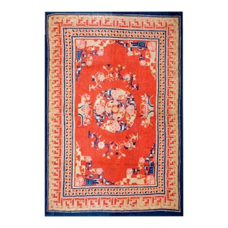 1890s Orange Medallion Qing Antique Chinese Bao Tou Rug 5'3" X 7'9" Handknotted Wool Carpet For Sale