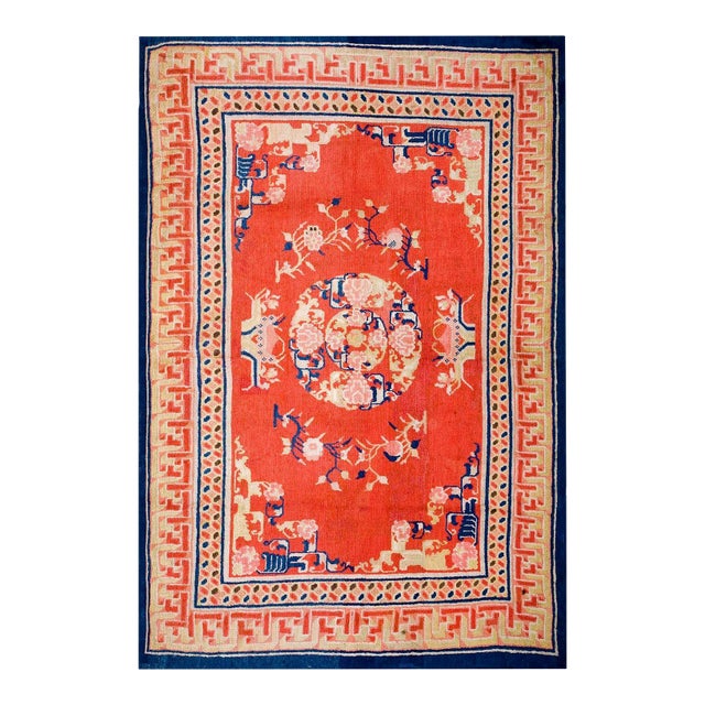 1890s Orange Medallion Qing Antique Chinese Bao Tou Rug 5'3" X 7'9" Handknotted Wool Carpet For Sale