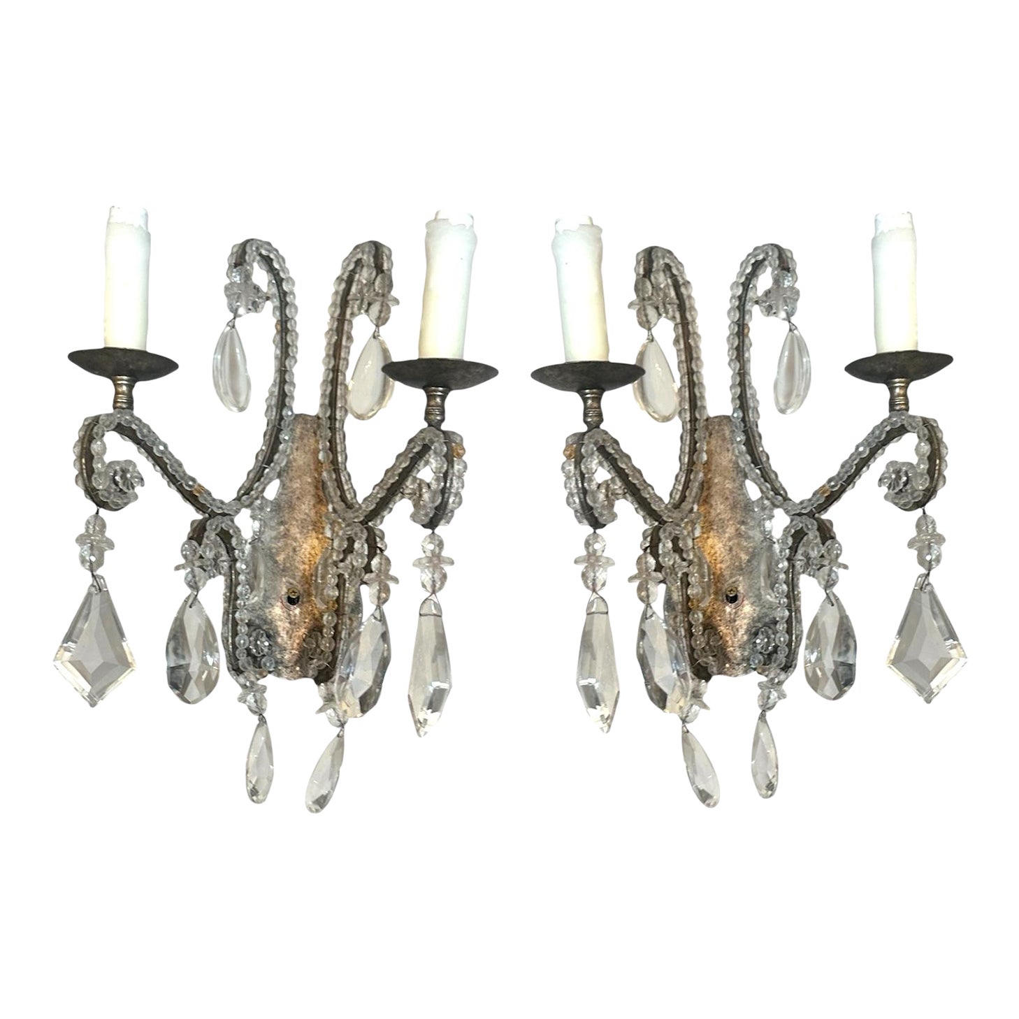 Louis XIV Style Dennis and Leen Lead Crystal Gold Beaded Sconces