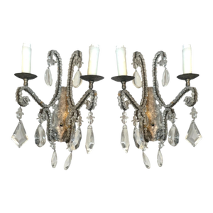 Louis XIV Style Dennis and Leen Lead Crystal Gold Beaded Sconces - Pair
