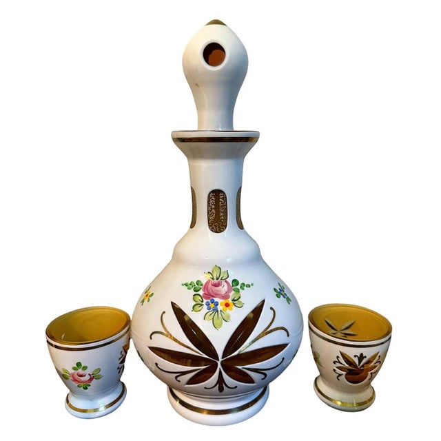 Traditional Antique Bohemian White Art Glass Cut to Amber Cordial Decanter & 6 Glasses For Sale - Image 3 of 13