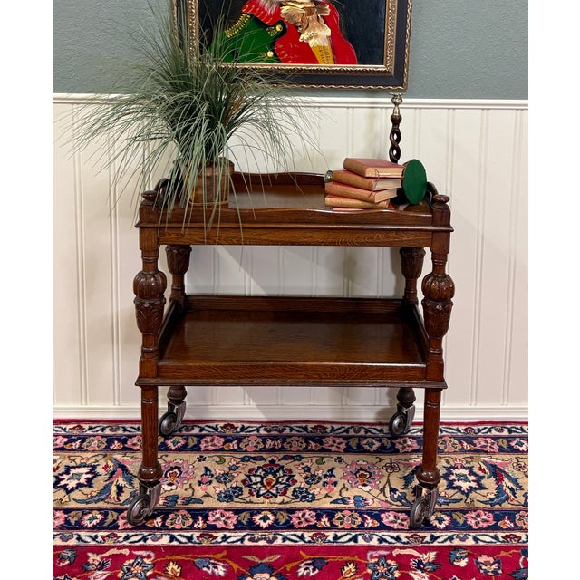Antique English Trolley Tea Cart Pastry Cocktail Bar Cart Tray Tudor Oak 1930s 2 For Sale - Image 9 of 18