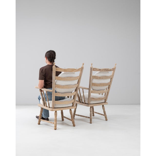 Wood 20th Century French Oak Spindle Back Armchairs With Round Bouclé Cushion - A Pair For Sale - Image 7 of 18