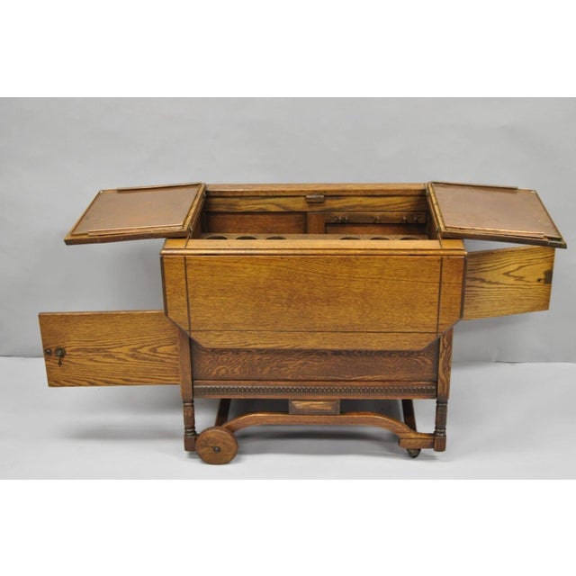 Antique Arts & Crafts Oak Wood Rolling Bar Cart Liquor Cabinet by Lammert's For Sale - Image 4 of 18