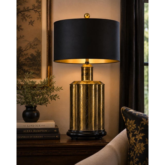 LARGE VINTAGE ANTIQUED BRASS CHINOISERIE TABLE LAMP WITH BLACK & GOLD DRUM SHADE A striking vintage table lamp featuring a...