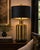 LARGE VINTAGE ANTIQUED BRASS CHINOISERIE TABLE LAMP WITH BLACK & GOLD DRUM SHADE A striking vintage table lamp featuring a...