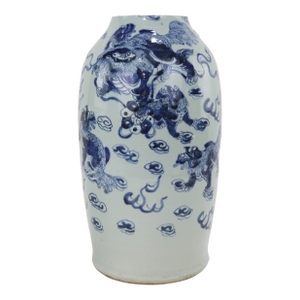19th Century Chinese Blue and White Porcelain Vase With Foo Lions and Cloud Motif