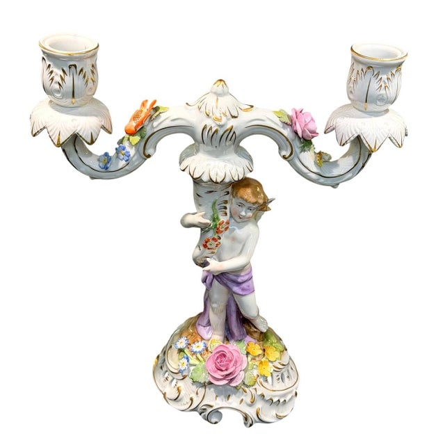 Late 19th Century Antique Von Schierholz Germany Hand Painted Porcelain Cherub 2-Light Candelabra For Sale - Image 5 of 15