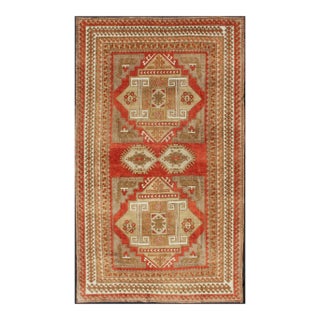 Geometric Design Vintage Hand Knotted Turkish Oushak Rug in Mid-Century Modern Soft Red and Green For Sale