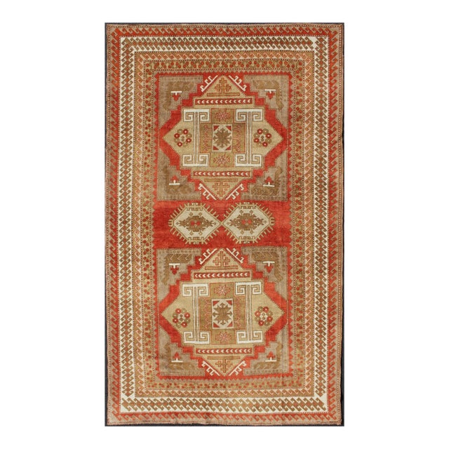 Geometric Design Vintage Hand Knotted Turkish Oushak Rug in Mid-Century Modern Soft Red and Green For Sale
