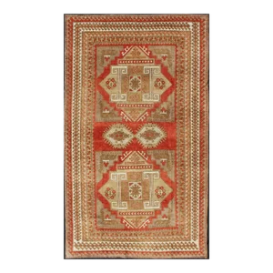 Geometric Design Vintage Hand Knotted Turkish Oushak Rug in Mid-Century Modern Soft Red and Green