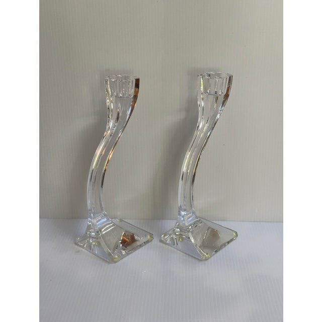 Art Deco Vintage 1980s Nachtmann Germany "Duetto" Crystal Carved 6"high Candleholders Set of Two(2) For Sale - Image 3 of 17