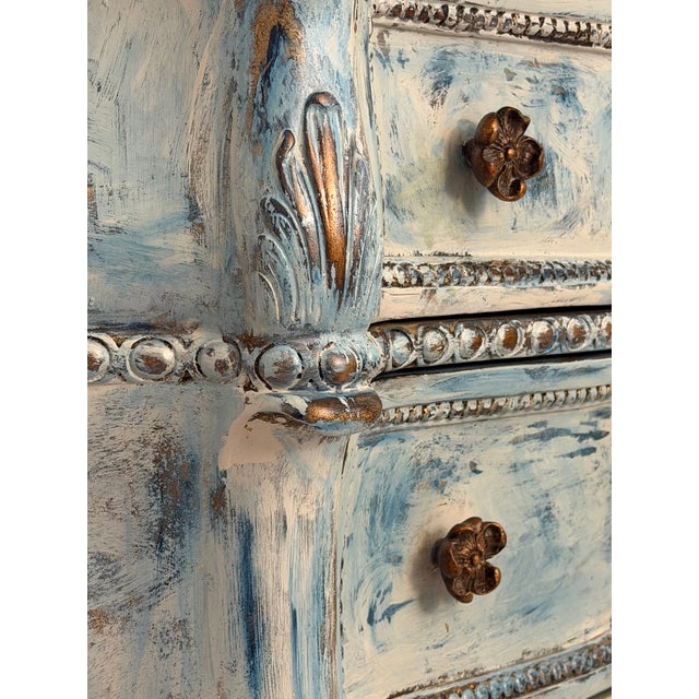Wood Vintage Distressed Blue Dresser | Hand-Painted 3-Drawer Chest | Shabby Chic French Country | Carved Details | Maison Martine | One of a Kind For Sale - Image 7 of 12