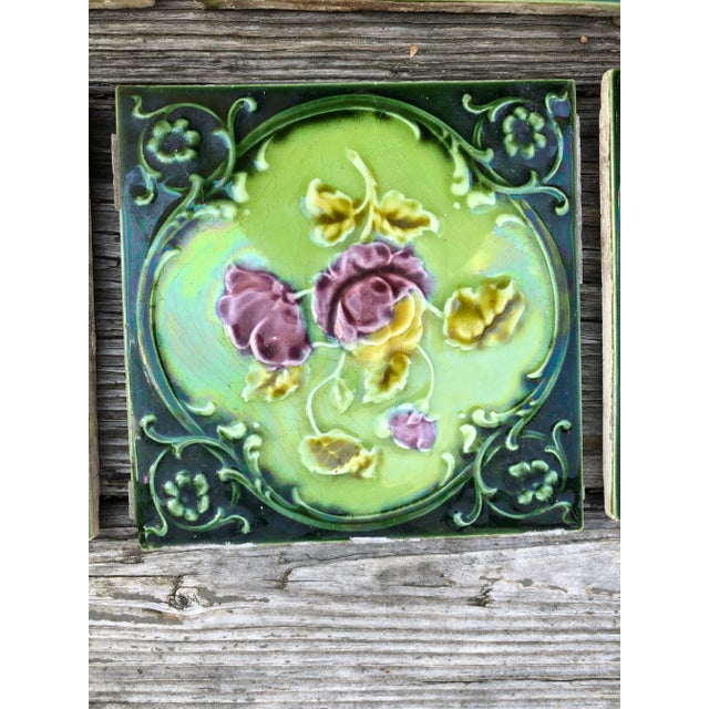 Late 20th Century English Art Nouveau/Victorian Era Raised Relief Ceramic Tiles Floral Pattern - Set of 6 For Sale - Image 5 of 13