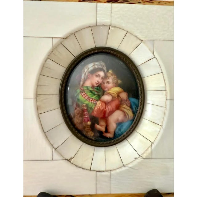 Antique Italian Miniature Porcelain Plaque Hand-Painted Madonna and Child in Bone Frame For Sale - Image 4 of 9