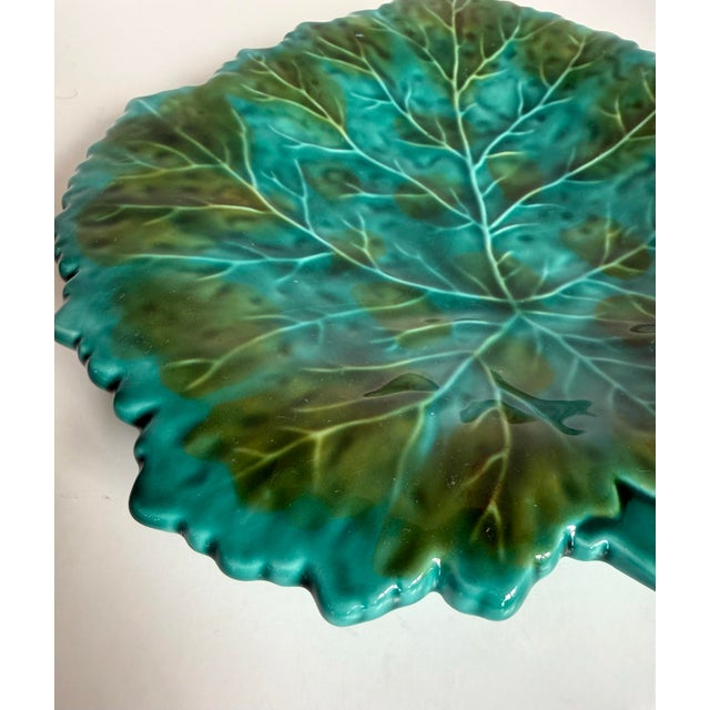 Vintage Portuguese Majolica Turquoise Leaf Plate For Sale - Image 4 of 11