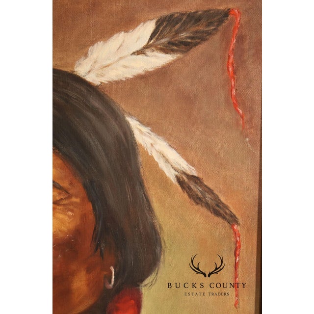 Wood Framed Native American Portrait Painting Signed Wil Hamond 1981 "Lone Hawk" For Sale - Image 7 of 18