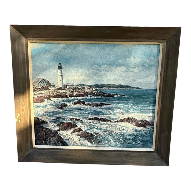 Vintage Framed Oil on Canvas Painting - Portland Head Lighthouse, Maine Rocky Coastline Seascape Signed For Sale