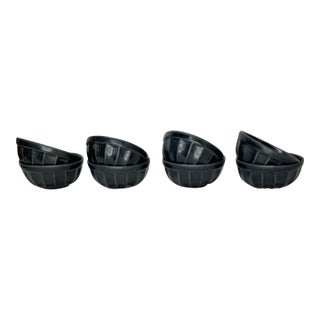 Hand Crafted Black Scalloped Portuguese Pottery Barn Soup Bowls - Set of 8 For Sale