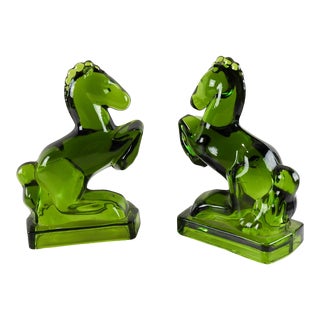 Mid-Century Modern Green Glass Rearing Horse Bookends - a Pair For Sale