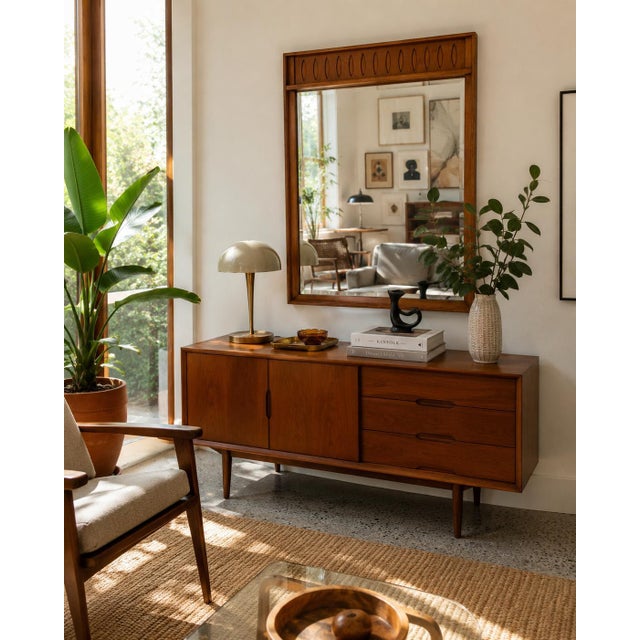 Striking 1970s Mid-Century Modern wall mirror featuring a warm walnut-finished wood frame and a distinctive decorative...
