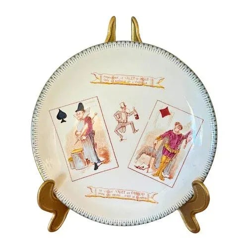 19th Century Set of 6 French Majolica Choisy-Le-Roi Plates, Humour Playing Cards For Sale - Image 6 of 9