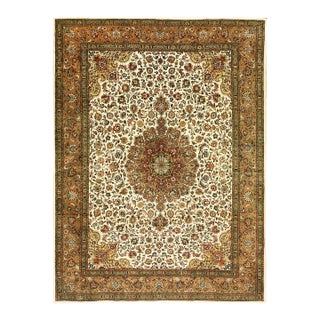 1940s Antique Ivory Field Shah Abbas Traditional Floral Tabriz Knotted Wool Rug For Sale