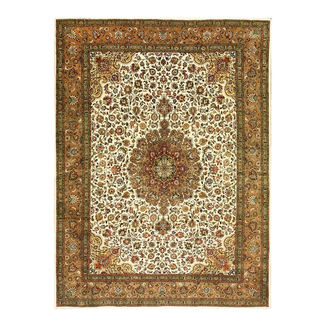 1940s Antique Ivory Field Shah Abbas Traditional Floral Tabriz Knotted Wool Rug For Sale