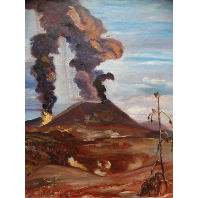 Margarita Weihmann oil on canvas image of a smoking Mexican volcano, 24 x 20. “Paricutin” and “El Zapiche” marked on back....