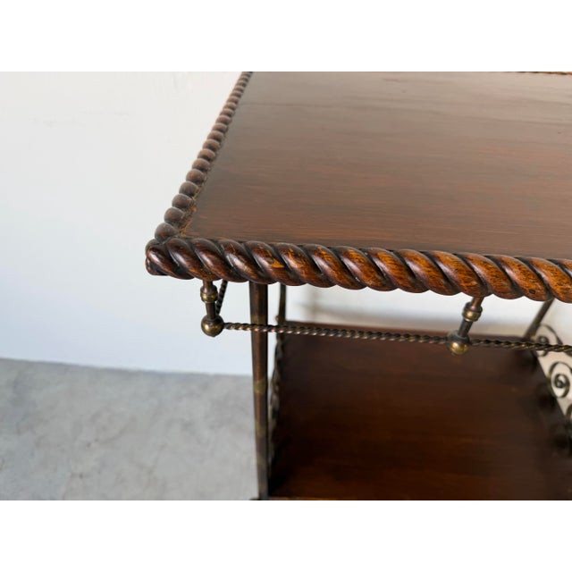 1900 - 1909 Antique Victorian Oak Wood and Brass Two-Tier Accent Table With Twisted Gallery For Sale - Image 5 of 12