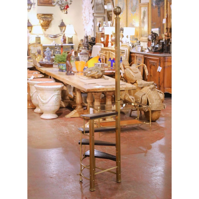 Traditional Early 20th Century English Edwardian Four-Step Brass and Leather Library Steps For Sale - Image 3 of 15