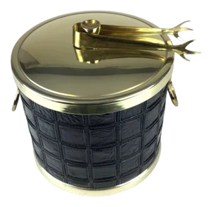Vintage Mid Century Alligator Embossed Leather Ice Bucket With Tongs
