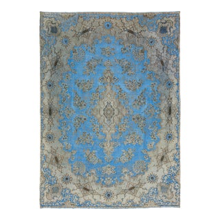 Light Blue Floral Antique Persian Overdyed Wool Rug With Medallion Motif For Sale