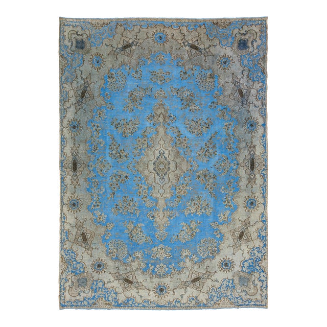 Light Blue Floral Antique Persian Overdyed Wool Rug With Medallion Motif For Sale